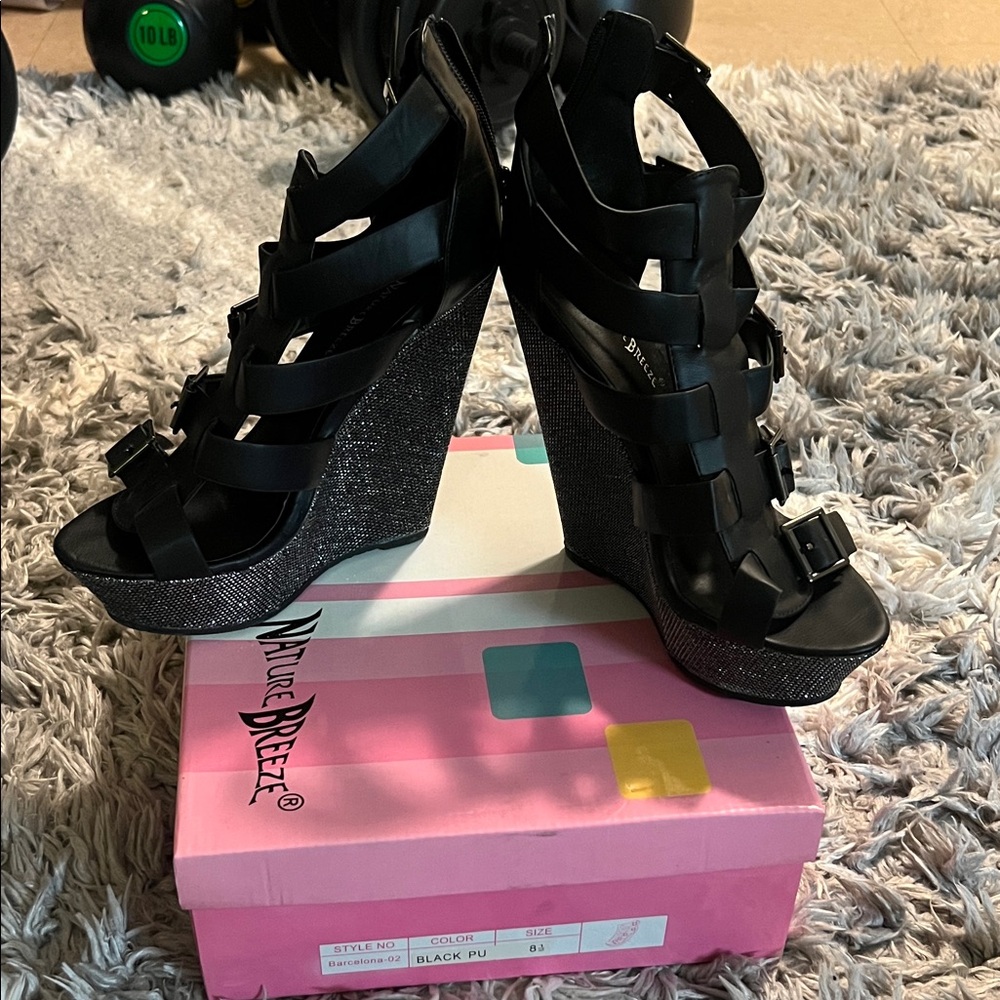 Nature Breeze Black Strappy Glitter Wedge Sandals - Picture 2 of 4